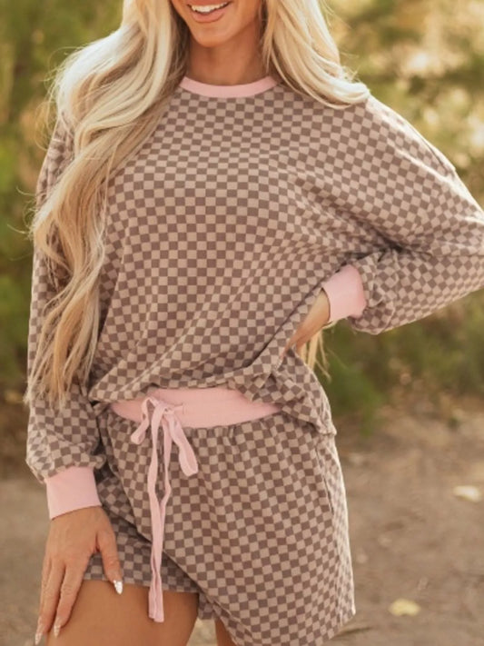 Checkerboard Long Sleeve Pullover and Shorts Set