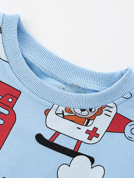 Children's Cartoon Vehicle Print Crew Neck Sweatshirt