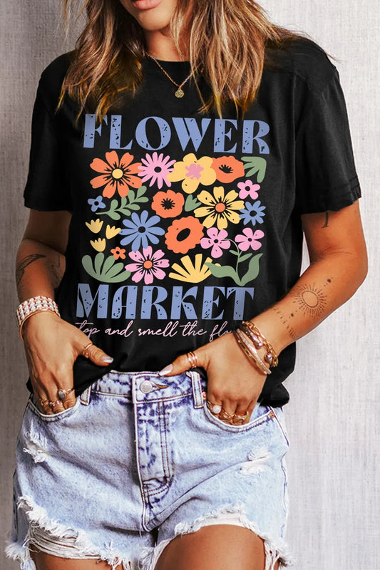 Flower Market Graphic Round Neck T-Shirt