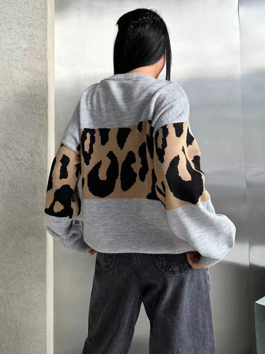Leopard Color Block Round Neck Sweater