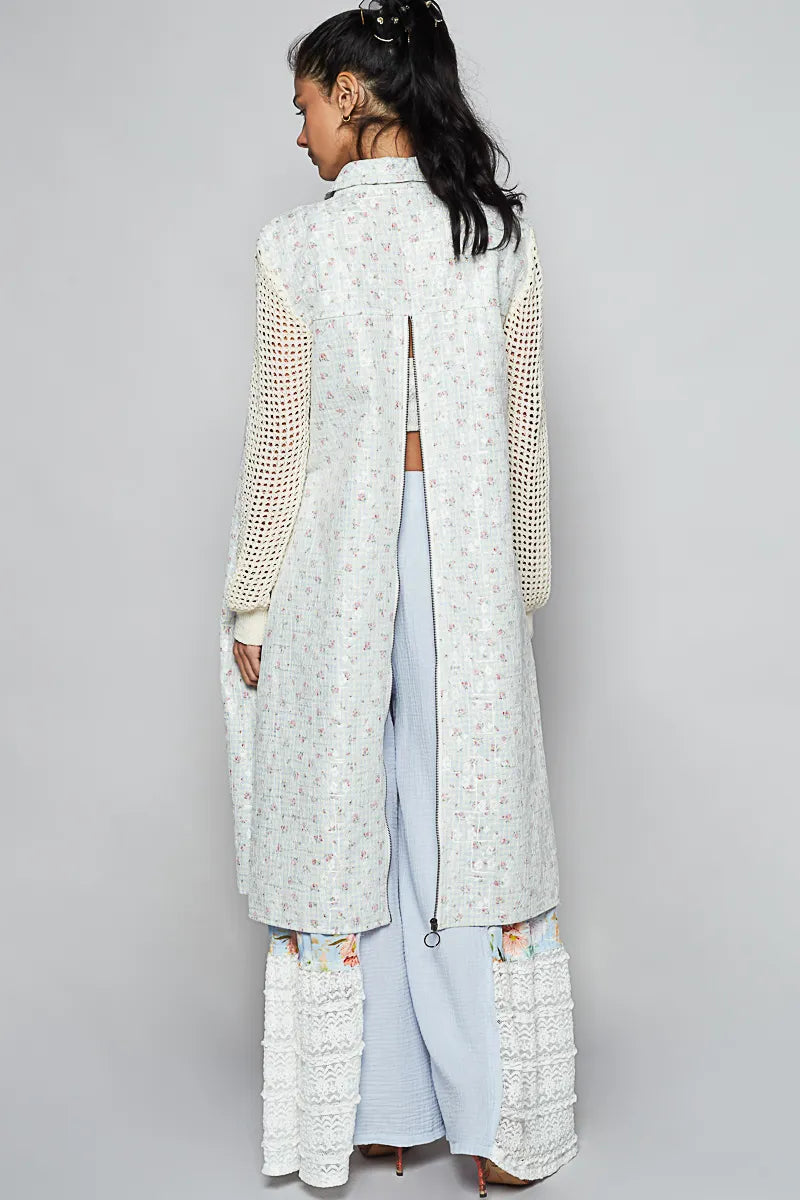 POL Printed Lace Longline Shacket with Back Open Zipper