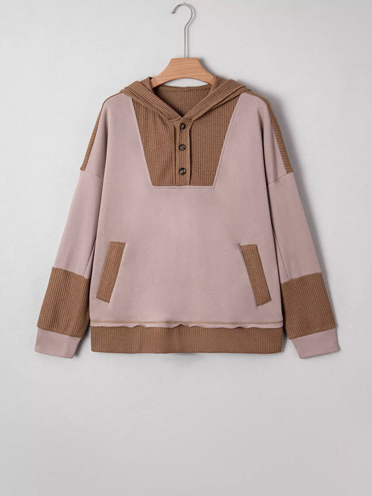 Oversize Waffle Patchwork Exposed Seam Casual Hoodie