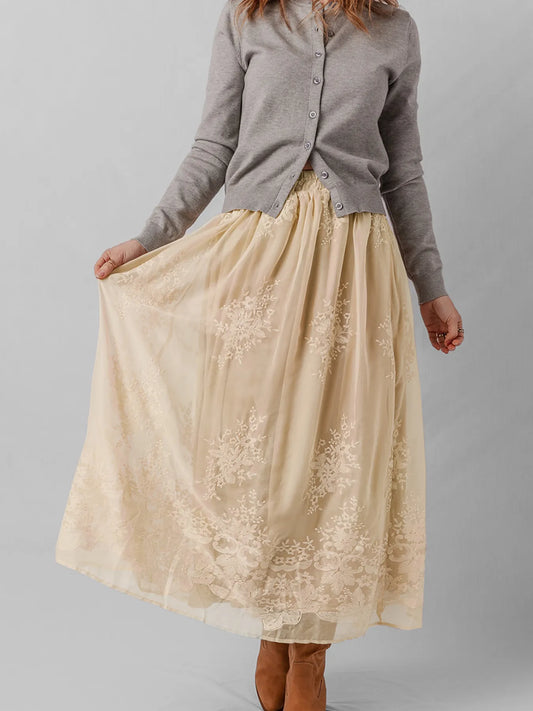 Embroidered Mesh Overlay Flowy Midi Skirt