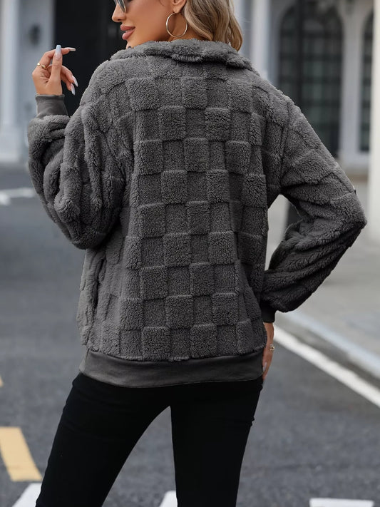 Cozy Checkered Fleece Quarter Zip Sweatshirt