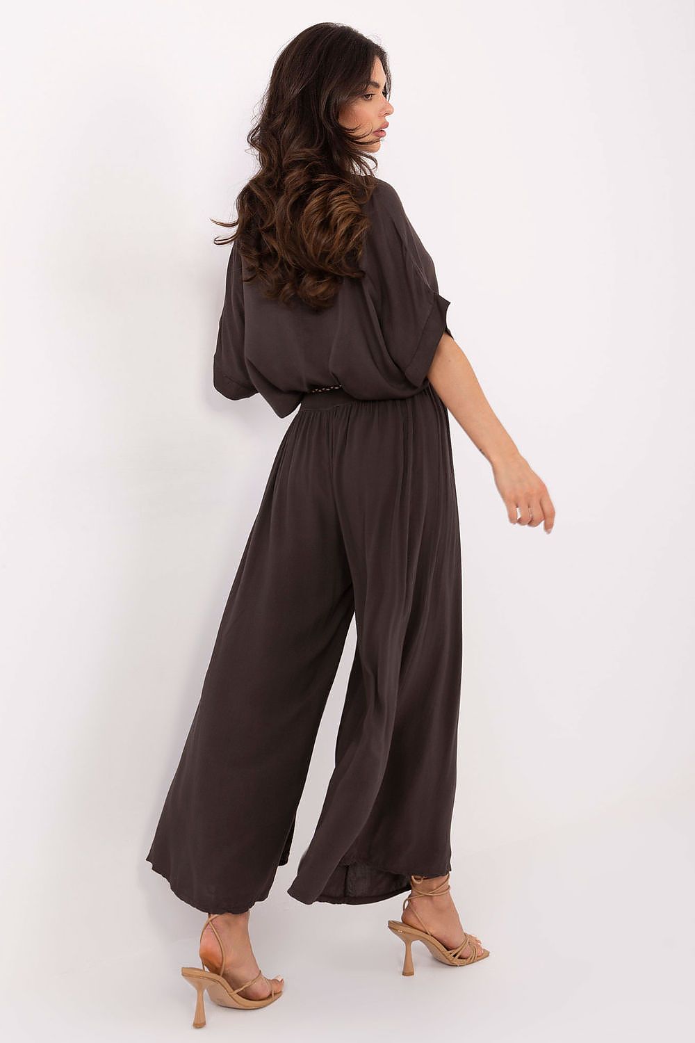 Women's High Waist Wide Leg Viscose Trousers - Elastic Waist with Tie Belt
