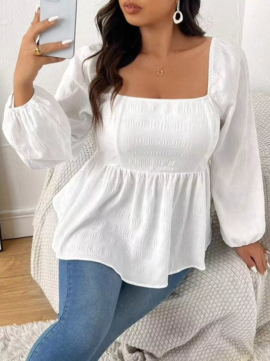 Plus Size Square Neck Long Sleeve Peplum Blouse