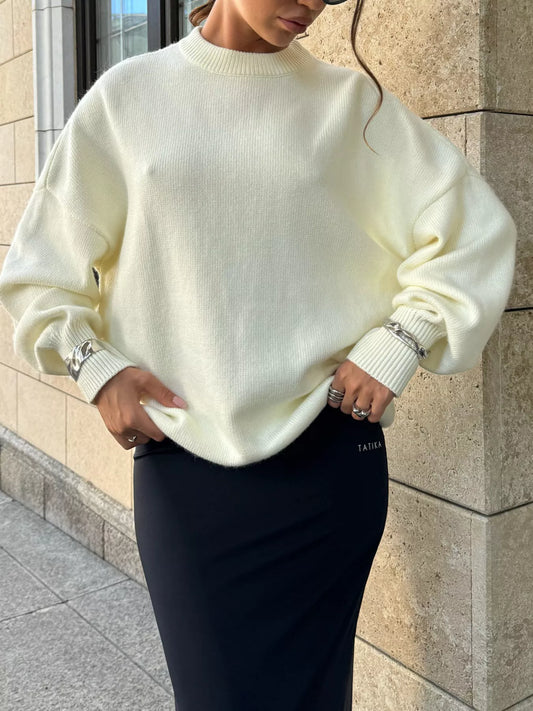 Cutout Round Neck Dropped Shoulder Sweater
