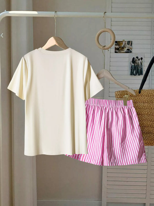 Round Neck Graphic T-Shirt and Striped Shorts Set