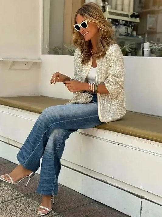 Sequin Zip Up Long Sleeve Jacket