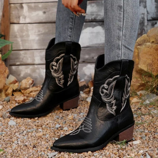Western Cowboy Boots with Embroidered Design Black