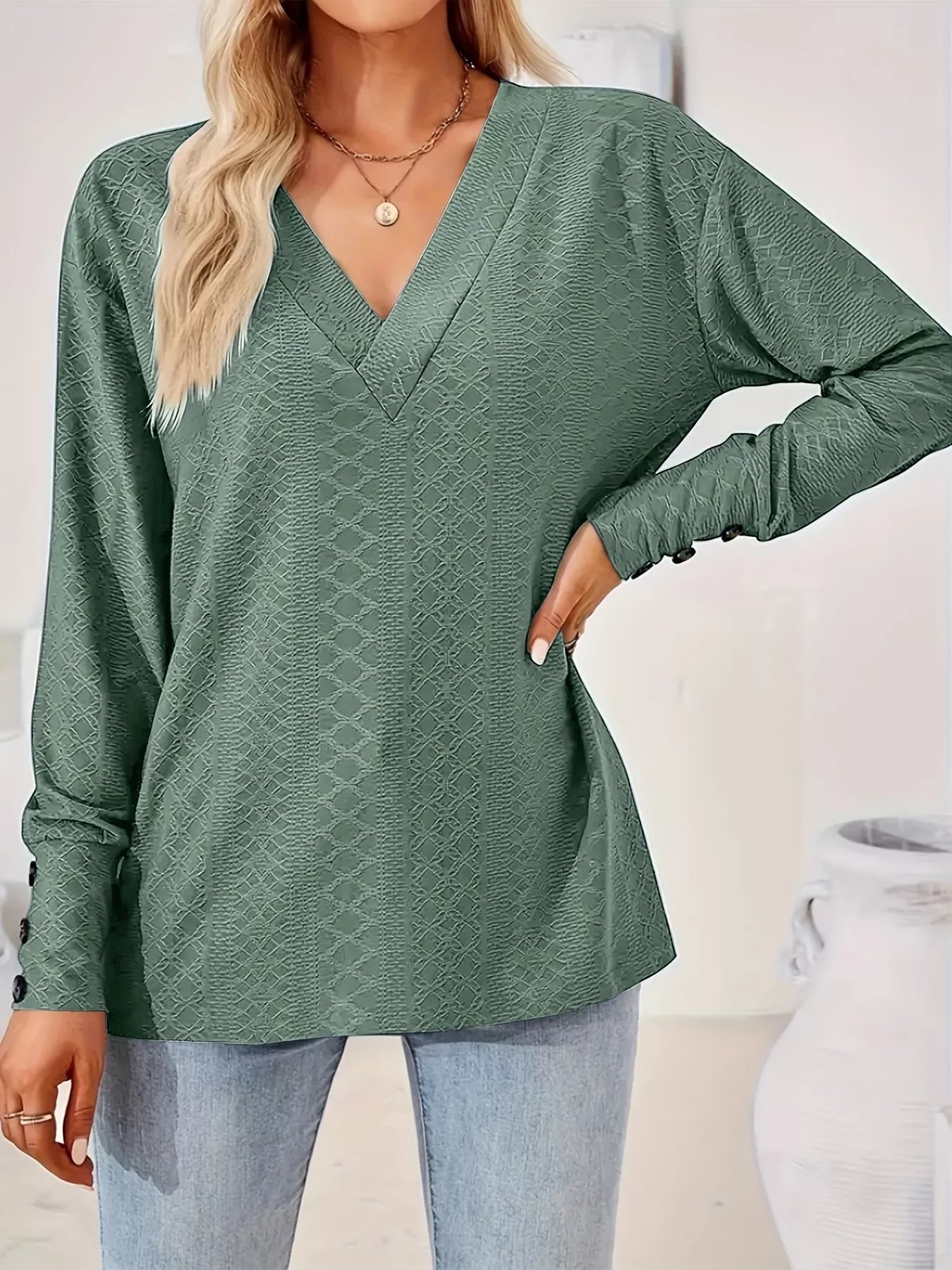 Plus Size V-Neck Textured Long Sleeve T-Shirt