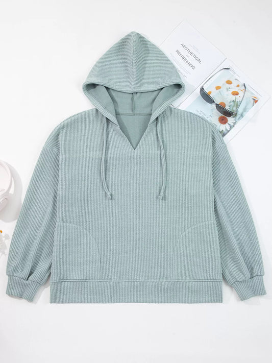 Ribbed Drop Shoulder Knit Hoodie