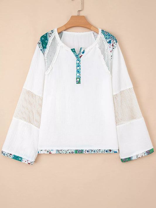 Mesh Patched Color Block Half Button Blouse