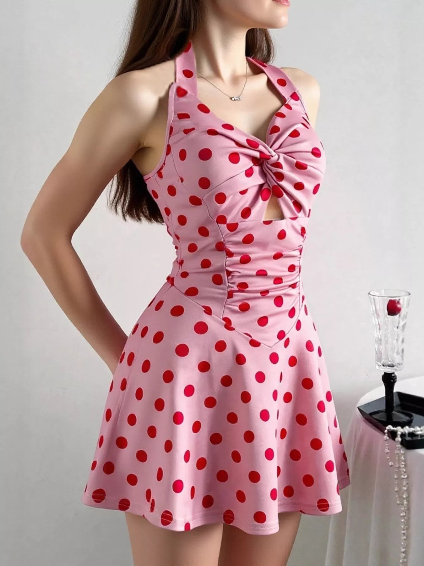 strapless open back dress Polka Dot Halter Neck Twisted Front Mini Dress – Lady Ros
