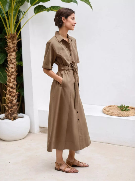 Button Front Short Sleeve Shirt Dress