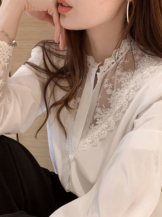 Lace Chiffon Panel Long Sleeve Top - Elegant Layered Blouse for Women