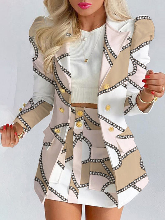 Printed princess sleeve commuter slim skirt suit Modern style