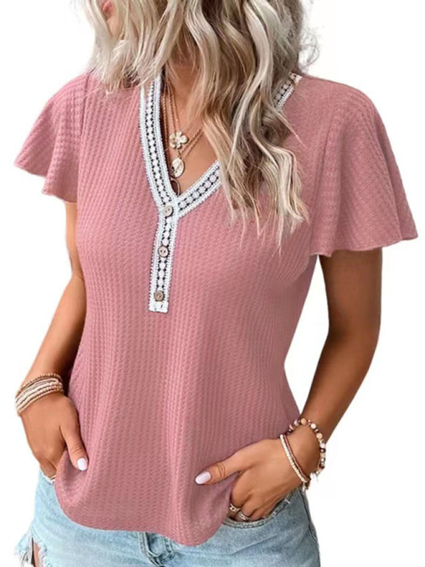 Waffle Knit V-Neck Tank Top Dropped Shoulder Women's Sleeveless Tee Pink