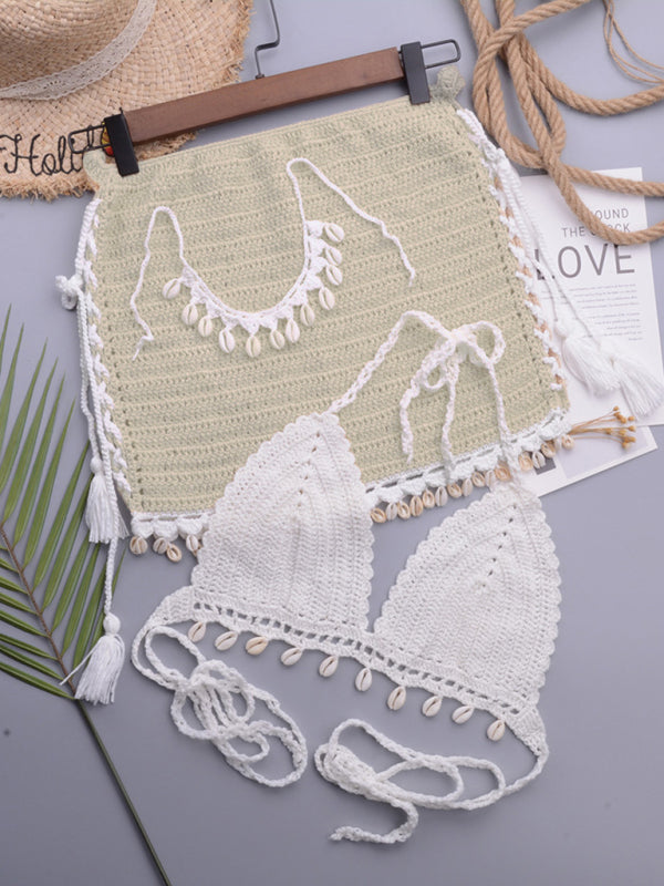Beach vacation handmade shell solid color strappy split swimsuit suit White