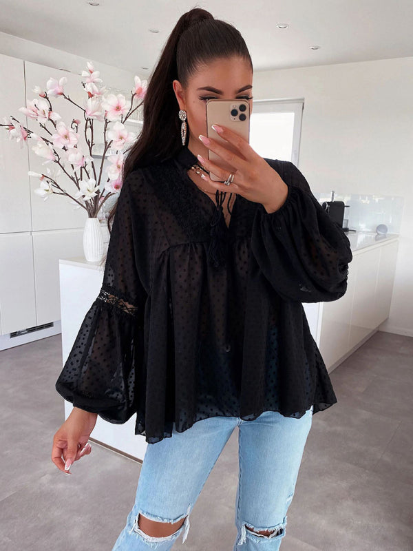 Women's Chiffon Stitching Lace Loose Balloon Sleeve Top Shirt Black