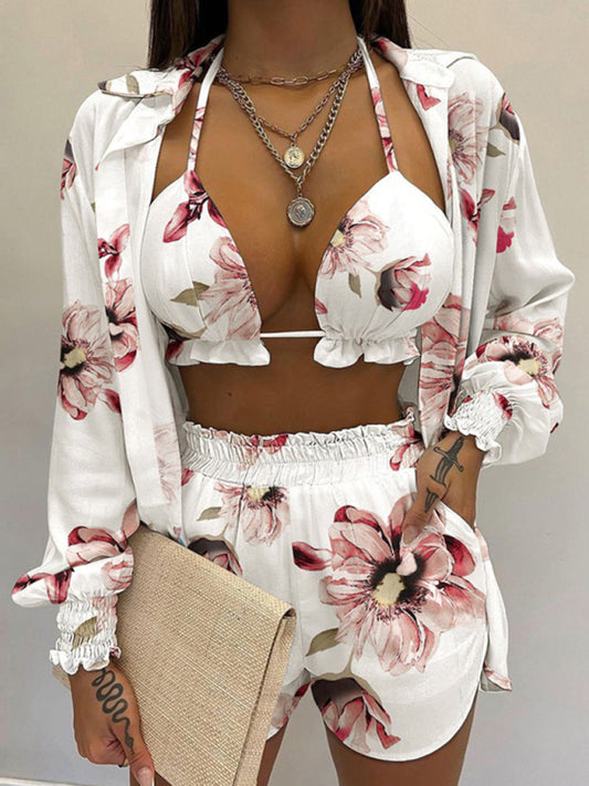 Sexy printed long-sleeved shirt and shorts three-piece suit Pattern4