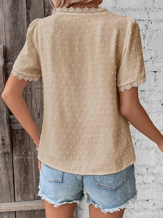 V-Neck Lace Panel Blouse - Elegant Short Sleeve Top for Women