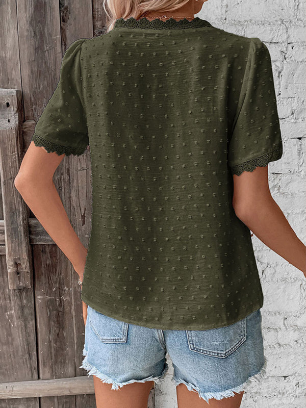 V-Neck Lace Panel Blouse - Elegant Short Sleeve Top for Women