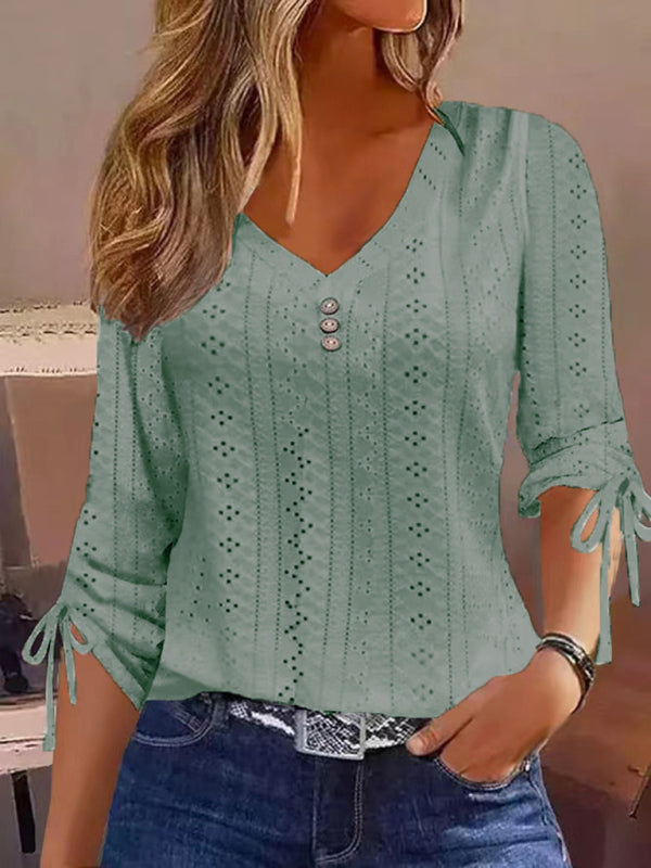 Modern Women's Modern Solid Color Jacquard Button Long Sleeve T-Shirt Top Green