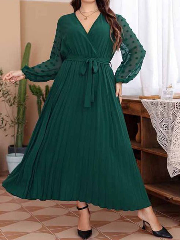 Modern large size elastic waist jacquard patchwork dress Green