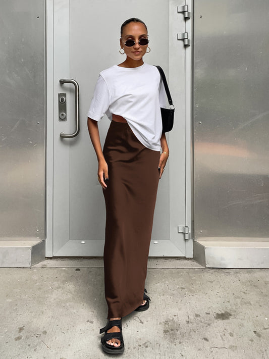 Elegant High Waisted Satin Long Skirt Women Spring Summer Brown