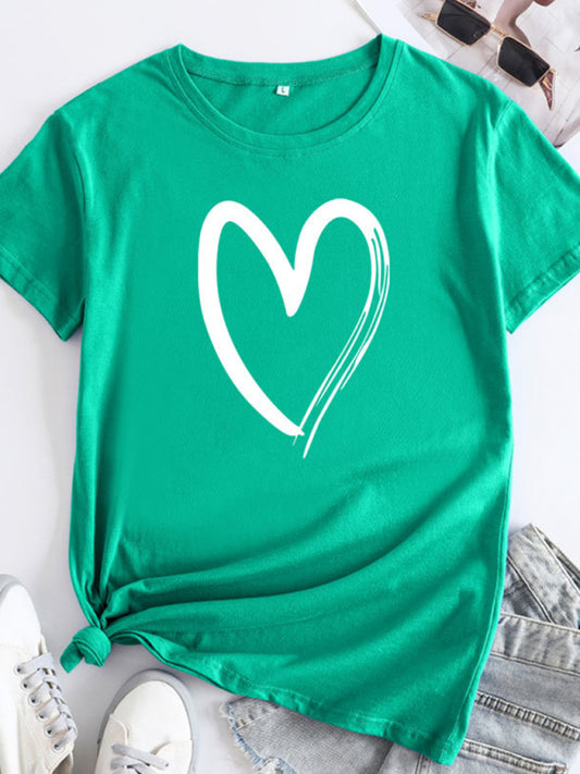 Cotton Heart Print T-Shirt Short Sleeve Women's Casual Top Deep green
