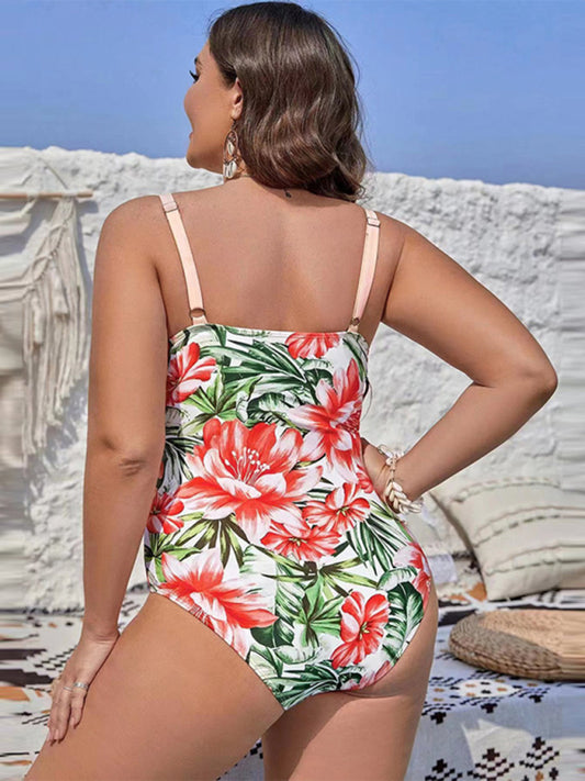 Plus Size One Piece Swimsuit Women Printed Strappy Hip Covering Bathing Suit