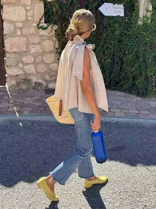 Ruffle Collar Striped Top - Casual Loose Sleeveless Blouse for Women