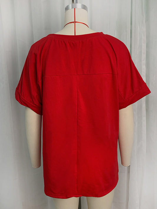 Modern English letters sequin embroidered knitted pullover short-sleeved top