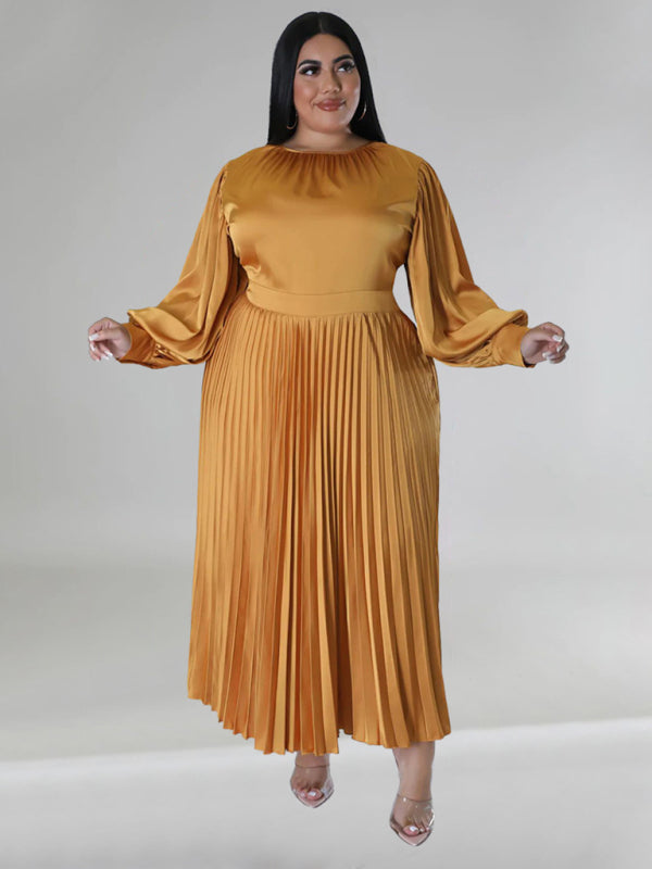 Plus Size Women's Pleated Round Neck Long Sleeve Dress Golden