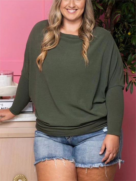 Plus size women's casual solid color long sleeve T-shirt Olive green