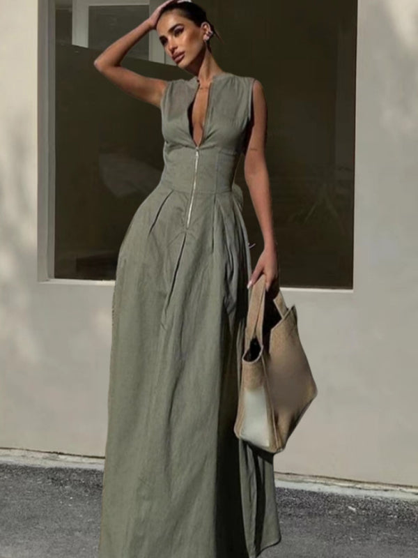 Modern Sleeveless V-neck Casual Temperament Commuter Waist Zipper Neck Dress Green