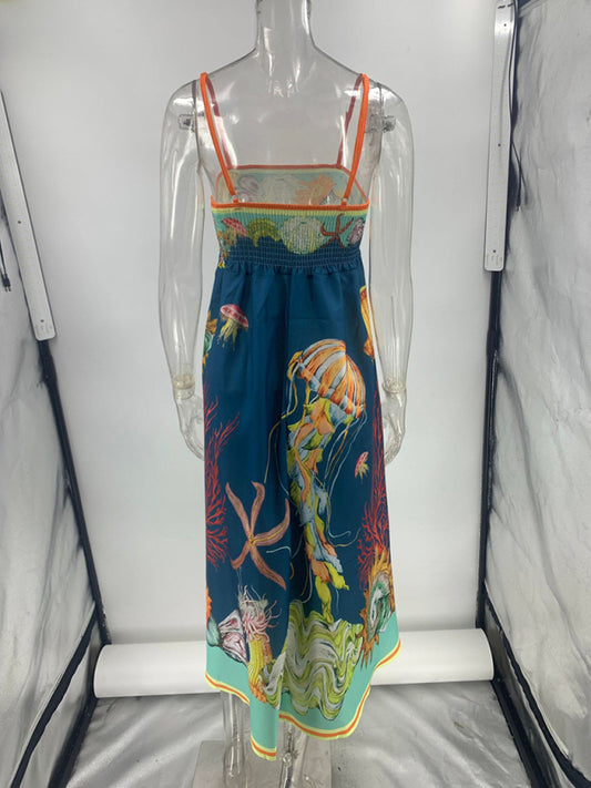 Modern holiday swing graffiti cotton and linen sleeveless suspender dress