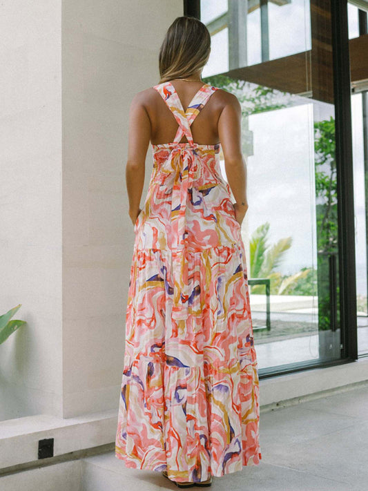 Orange floral print bohemian holiday beach dress loose suspender dress