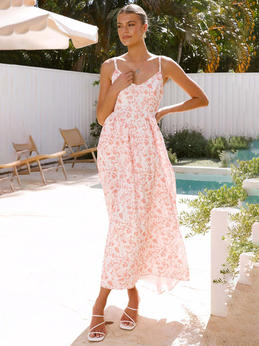 Modern V-neck waist holiday long dress sexy backless bow tie dress