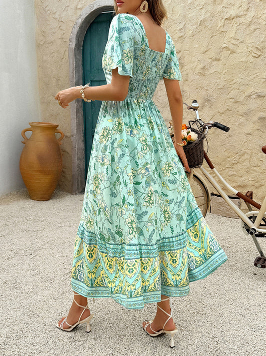 Holiday Chartreuse Floral Print A-Line Maxi Dress