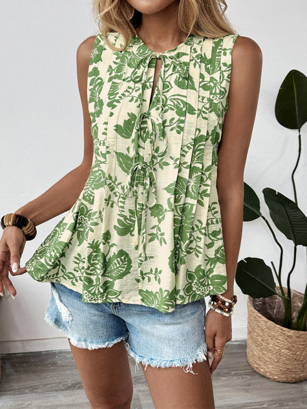 Printed Pleated Lace-Up Sleeveless Shirt