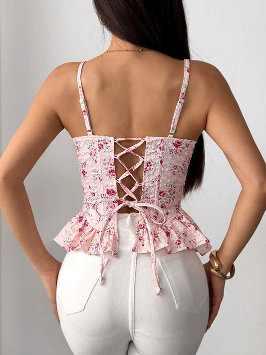 Floral Ruffled Backless Top - Lace-Up Summer Blouse