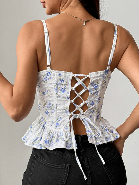 Blue Floral Ruffled Backless Top - Lace-Up Irregular Design