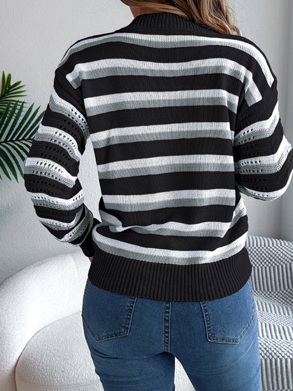 Striped Color Block Pullover Sweater - Long Sleeve Lantern Style