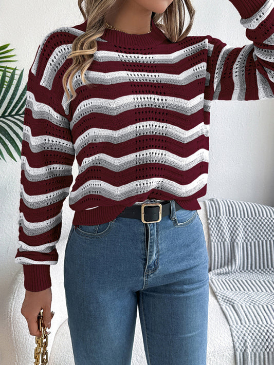 Striped Color Block Pullover Sweater - Long Sleeve Lantern Style