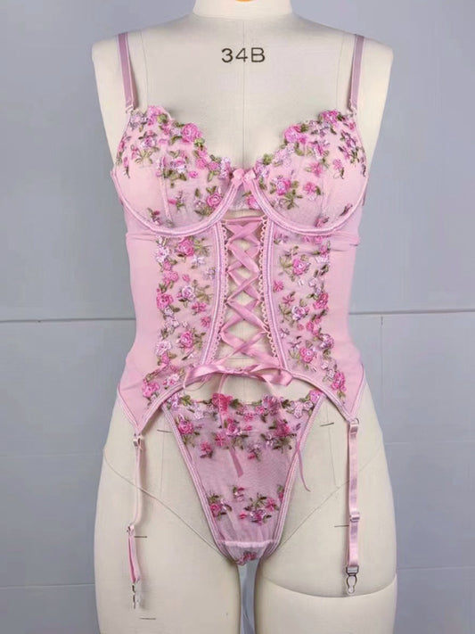 Embroidered flower playful waist strap sexy pink erotic lingerie set