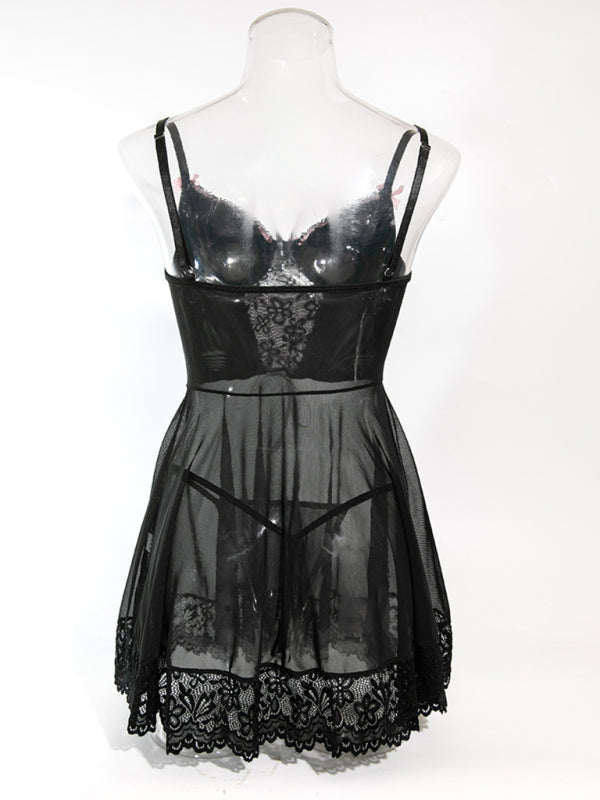 Lace stitching bow ribbon dress nightgown two-piece set