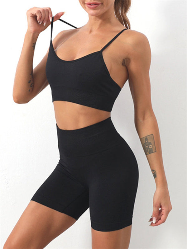 Women's Solid Color Seamless Camisole Yoga Sports Bra & Shorts Set Black