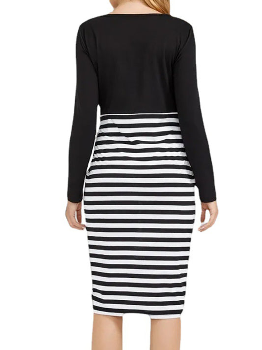 Maternity Dress - Long Sleeve Round Neck Striped Knit Dress